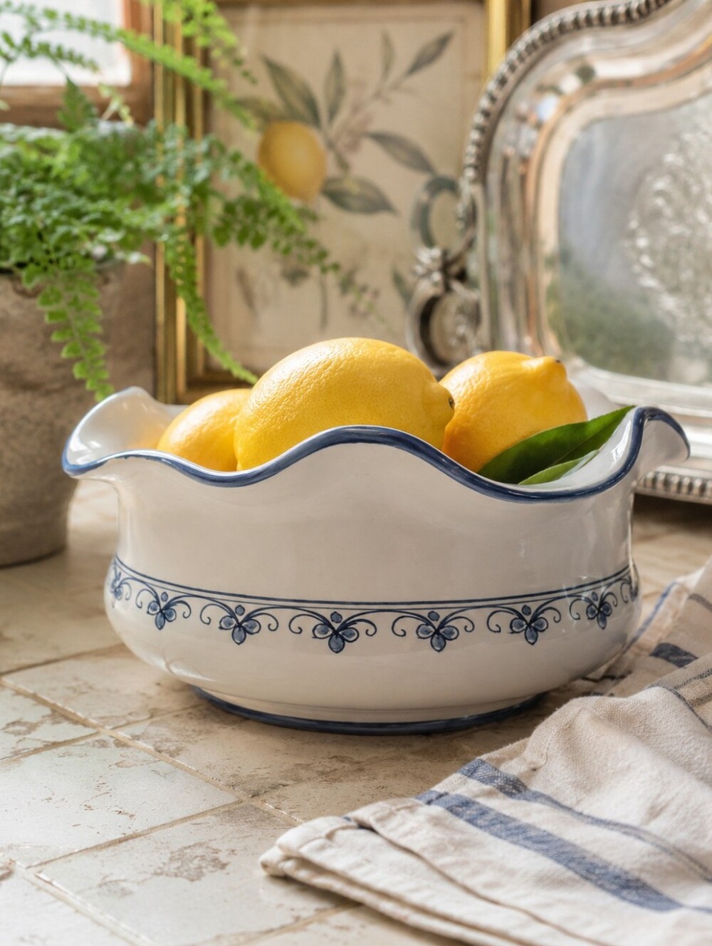 Vintage LARCE Orvieto Italy Hand Painted Blue White Scalloped Ceramic Bowl
